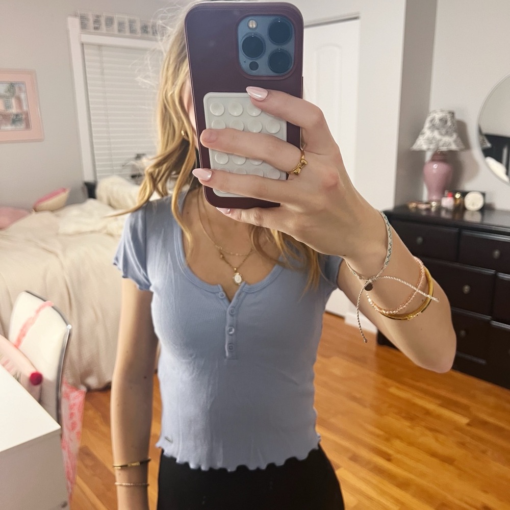 Women's Ribbed Blue Button-Up Top